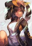  1girl brown_eyes brown_hair china_dress chinese_clothes dress grin hinoru_saikusa jacket leg_up ling_xiaoyu long_hair one_eye_closed open_clothes open_jacket short_dress smile solo tekken tekken_8 twintails v 