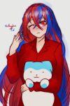  alear_(female)_(fire_emblem) alear_(fire_emblem) alternate_costume blue_hair braid closed_mouth crossed_bangs crown_braid english_commentary fire_emblem fire_emblem_engage hair_between_eyes highres holding long_hair long_sleeves looking_at_viewer multicolored_hair one_eye_closed pajamas red_eyes redhead rotomdocs sommie_(fire_emblem) split-color_hair two-tone_hair very_long_hair white_background 