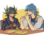  2boys black_hair black_shirt blue_eyes blue_hair blue_jacket blue_shirt brown_gloves bruno_(yu-gi-oh!) chair commentary_request eating elbow_pads elbows_on_table facial_mark facial_tattoo food fudou_yuusei full_mouth gloves hands_up high_collar highres holding holding_food jacket leaning_forward leaning_on_table male_focus marking_on_cheek multicolored_hair multiple_boys on_chair open_clothes open_jacket open_mouth shirt short_hair shoulder_pads simple_background sitting sleeves_rolled_up smile spiky_hair streaked_hair table talking tattoo white_jacket yellow_background youko-shima yu-gi-oh! yu-gi-oh!_5d&#039;s 