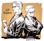  2boys brown_background gary_unwin glasses greyscale_with_colored_background harry_hart jacket kingsman:_the_secret_service kotteri looking_at_viewer multiple_boys profile short_hair smile suit upper_body 