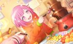 1girl 1other bedroom blush chocolate_fountain decorations dress hand holding_food hoodie mouth_drool official_art ootori_emu open_mouth orange_hoodie pink_eyes pink_hair project_sekai short_hair smile sparkle sparkling_eyes