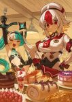  2girls absurdres apple_pie aqua_hair arm_up beret black_gloves blonde_hair blush cake chocolate chocolate_cake closed_mouth commentary covered_navel elbow_gloves english_commentary facing_viewer fingerless_gloves food fork fruit gloves greentanuki hair_between_eyes hands_on_own_hips hat highres holding holding_fork holding_knife knife long_hair looking_at_object looking_down multicolored_hair multiple_girls nina_(moutama) open_mouth original pancake parfait pie red_eyes redhead shirt short_hair short_sleeves smile strawberry swiss_roll twintails two-tone_hair white_hair white_headwear white_shirt wrist_cuffs 