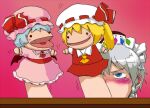  ascot bat_wings blonde_hair blue_eyes blue_hair blush bow braid collared_shirt covered_mouth fangs flandre_scarlet grey_hair hand_puppet hat hat_bow hat_ribbon izayoi_sakuya maid maid_headdress medium_hair multicolored_wings open_mouth pink_background pink_headwear pink_shirt pink_skirt puppet ratenbo red_ascot red_bow red_brooch red_ribbon red_skirt remilia_scarlet ribbon ribbon-trimmed_headwear ribbon_trim shirt simple_background single_braid skirt skirt_set touhou white_headwear white_shirt wings yellow_ascot 