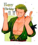  1boy aoiaoba0316 cropped_torso dated green_hair grin happy_birthday highres index_finger_raised japanese_clothes kimono male_focus one_piece open_clothes open_kimono pectoral_cleavage pectorals roronoa_zoro scar scar_across_eye short_hair smile solo 