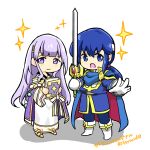  1boy 1girl blue_eyes blue_hair book brother_and_sister chibi circlet fire_emblem fire_emblem:_genealogy_of_the_holy_war headband holding holding_book holding_sword holding_weapon julia_(fire_emblem) long_hair looking_at_viewer open_mouth purple_hair seliph_(fire_emblem) siblings simple_background sword tyrfing_(fire_emblem) violet_eyes weapon white_headband yukia_(firstaid0) 