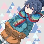  1girl absurdres blue_hair blue_jacket blue_scarf closed_mouth down_jacket dutch_angle green_scarf grey_background hair_between_eyes hair_bun hands_in_pockets highres jacket looking_at_viewer multicolored_clothes multicolored_scarf red_scarf scarf shikinnsonn shima_rin solo striped striped_scarf twitter_username upper_body uroko_(pattern) violet_eyes yurucamp 