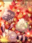  animal_focus autumn_leaves black_fur brown_fur colored_skin commentary_request green_skin hanabusaoekaki highres letterboxed lying mushroom no_humans on_back pokemon pokemon_(creature) seedot sentret shroomish solid_oval_eyes tail tree two-tone_fur 