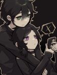 1boy 1girl alfine01 andrew_graves ashley_graves black_background black_collar black_hair collar green_eyes holding holding_phone hug hug_from_behind incest phone pink_eyes the_coffin_of_andy_and_leyley 