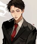  1boy black_jacket brown_eyes brown_hair cigarette closed_mouth collared_shirt formal grey_background highres jacket kagoya1219 looking_at_viewer male_focus necktie original red_necktie shirt short_hair signature simple_background smoke smoking solo upper_body very_short_hair white_shirt 