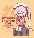  1girl =_= artist_name black_skirt cardigan commentary_request drum_(container) eating food full_body green_scarf haniwaro harusame_(kancolle) hat kantai_collection pink_cardigan pink_hair pleated_skirt romaji_text sailor_hat scarf side_ponytail sitting skirt solo sweet_potato white_headwear 