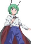  1girl antennae black_cape blue_pants buttons cape closed_mouth collared_shirt feet_out_of_frame green_eyes green_hair gyouza_(mhea5724) highres long_sleeves looking_at_viewer pants red_cape shirt short_hair simple_background smile solo touhou white_background white_shirt wriggle_nightbug 