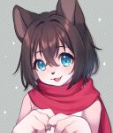  1girl absurdres animal_ears blue_eyes brown_hair cat_ears furry furry_female hair_between_eyes highres indie_virtual_youtuber open_mouth pink_fur red_scarf sakura_chiyo_(konachi000) sakuraba_chiyo scarf short_hair solo 