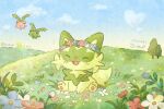  :3 :d ^_^ alternate_color artist_name blue_flower blue_sky blush bud closed_eyes clouds commentary_request day fangs field flower flower_wreath grass head_wreath hoppip mian_(user_kwcj2833) no_humans open_mouth outdoors pawpads pink_flower plant pokemon pokemon_(creature) red_flower shiny_pokemon signature sitting sky smile sprigatito tree twitter_username white_flower 