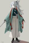  1girl aqua_kimono artist_name black_socks closed_mouth fate/samurai_remnant fate_(series) fgo39625963 full_body green_eyes grey_background grey_hair highres holding holding_sword holding_weapon japanese_clothes katana kimono long_hair ponytail samurai shadow simple_background socks solo sword very_long_hair weapon wide_sleeves yui_shousetsu_(fate) 