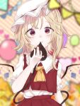  1girl ascot balloon blonde_hair blurry blurry_background blurry_foreground closed_mouth collared_shirt cowboy_shot depth_of_field eringi_(rmrafrn) flandre_scarlet frilled_shirt_collar frilled_sleeves frills hat hat_ribbon heart laevatein_(tail) looking_at_viewer medium_hair mob_cap nail_polish one_side_up puffy_short_sleeves puffy_sleeves red_eyes red_nails red_ribbon red_skirt red_vest ribbon shirt short_sleeves skirt skirt_set solo string_of_flags tail touhou vest white_headwear white_shirt wings yellow_ascot 