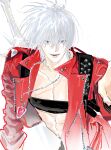  1boy belt_bra blue_coat blue_eyes coat dante_(devil_may_cry) devil_may_cry_(series) devil_may_cry_3 fingerless_gloves gloves highres jacket jewelry long_hair male_focus necklace rebellion_(sword) red_coat smile solo sword tata. weapon white_hair 