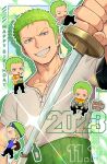  1boy alcohol beer chibi dated green_hair green_theme grin happy_birthday highres holding holding_sword holding_weapon long_sideburns looking_at_viewer male_focus nedoko_ym official_alternate_costume one_piece roronoa_zoro sheath short_hair sideburns smile solo sword unsheathing weapon 