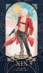  1boy belt_bra blue_eyes coat dante_(devil_may_cry) devil_may_cry_(series) devil_may_cry_3 fingerless_gloves gloves gun highres holding lolvivianli looking_at_viewer male_focus rebellion_(sword) red_coat roman_numeral smile solo tarot tarot_(medium) the_sun_(tarot) weapon white_hair 