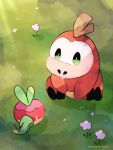  animal_focus apple applin artist_name commentary_request crocodilian flower food fruit fuecoco green_eyes hanabusaoekaki highres no_humans on_grass pokemon pokemon_(creature) purple_flower sitting solid_oval_eyes white_flower worm 