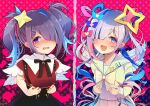  2girls amane_kanata ame-chan_(needy_girl_overdose) ame-chan_(needy_girl_overdose)_(cosplay) angel_wings anita_pastorale black_hair black_ribbon black_skirt blue_bow blue_hair blue_wings blunt_bangs blush bow chouzetsusaikawa_tenshi-chan chouzetsusaikawa_tenshi-chan_(cosplay) collared_shirt commentary_request cosplay dual_persona eyeshadow feathered_wings frown grey_hair hair_bow hair_ornament hair_over_one_eye hairclip halo heart heart_hair_ornament highres hololive long_hair long_sleeves looking_at_viewer makeup multicolored_hair multiple_girls neck_ribbon needy_girl_overdose nose_blush one_eye_closed open_mouth pink_background pink_bow pink_eyeshadow pink_hair pleated_skirt purple_bow quad_tails red_shirt ribbon sailor_collar school_uniform serafuku shirt shy skirt smile star_(symbol) star_hair_ornament star_halo streaked_hair suspender_skirt suspenders twintails very_long_hair violet_eyes virtual_youtuber wavy_mouth white_wings wings yellow_bow yellow_shirt 