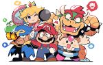  1boy 1girl :d absurdres adjusting_clothes adjusting_headwear blonde_hair blue_cape blue_overalls bowser bracelet cape chibi commentary crown facial_hair fangs frying_pan full_body geno_(mario) gloves hat highres holding holding_frying_pan holding_umbrella horns jewelry long_sleeves looking_at_viewer mallow_(mario) mario mustache one_eye_closed overalls princess_peach rariatto_(ganguri) redhead simple_background smile spiked_bracelet spikes spoken_symbol standing super_mario_bros. super_mario_rpg symbol-only_commentary umbrella white_background white_gloves yoshi 