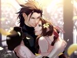 1boy 1girl aerith_gainsborough armor bare_shoulders black_gloves black_hair blurry blurry_background braid braided_ponytail brown_hair church closed_eyes commentary couple crisis_core_final_fantasy_vii dated dress falling_petals final_fantasy final_fantasy_vii flower gloves hair_flower hair_ornament hair_pulled_back hair_ribbon hand_on_another&#039;s_arm heads_together height_difference hetero hug indoors long_hair looking_at_another one_eye_closed parted_bangs parted_lips petals pink_dress pink_ribbon ribbed_sweater ribbon shoulder_armor signature sleeveless sleeveless_dress sleeveless_turtleneck smile spiky_hair stained_glass sweater tang_xinzi turtleneck turtleneck_sweater upper_body yellow_flower zack_fair