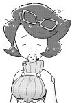  1girl absurdres big_hair breasts buttons capelet closed_eyes closed_mouth cookie eyewear_on_head food glasses greyscale highres holding holding_food large_breasts mature_female monochrome pokemon pokemon_(game) pokemon_sm raised_eyebrows ribbed_sweater sleepy solo sweater turtleneck turtleneck_sweater wicke_(pokemon) ziburikito 