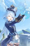  1girl :d ;d absurdres ahoge air_bubble ascot asymmetrical_gloves blue_ascot blue_bow blue_eyes blue_hair blue_headwear blue_jacket blue_sky bow bubble clouds commentary cotta_(heleif) cowboy_shot day furina_(genshin_impact) genshin_impact hair_between_eyes hat highres holding jacket light_blue_hair long_hair long_sleeves looking_at_viewer mountain multicolored_hair one_eye_closed open_mouth outdoors revision second-party_source short_shorts shorts sidelocks sky smile solo standing streaked_hair teeth thigh_strap thighs top_hat upper_teeth_only very_long_hair white_shorts 