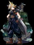  1boy armor baggy_pants black_background blonde_hair blue_eyes bn_241 boots brown_footwear building buster_sword closed_mouth cloud_strife final_fantasy final_fantasy_vii full_body gloves hair_between_eyes hand_on_own_hip highres huge_weapon looking_at_viewer male_focus pants ribbed_sweater short_hair shoulder_armor single_sidelock sleeveless sleeveless_turtleneck solo spiky_hair standing suspenders sweater sword sword_on_back turtleneck turtleneck_sweater weapon weapon_on_back 