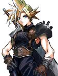  1boy armor baggy_pants blonde_hair blue_eyes bn_241 buster_sword closed_mouth cloud_strife final_fantasy final_fantasy_vii gloves hair_between_eyes hand_on_own_hip huge_weapon looking_at_viewer male_focus pants ribbed_sweater short_hair shoulder_armor single_sidelock sleeveless sleeveless_turtleneck solo spiky_hair suspenders sweater sword sword_on_back turtleneck turtleneck_sweater upper_body weapon weapon_on_back white_background 
