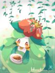 animal_focus artist_name blush border commentary_request crown cup hanabusaoekaki hanging_plant highres holding holding_plate leaf lilligant no_humans plate pokemon pokemon_(creature) red_eyes solid_oval_eyes solo teacup white_border 