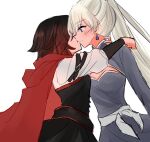  2girls black_dress black_hair blue_eyes cape cleavage_cutout clothing_cutout dress earrings gradient_hair hand_on_another&#039;s_neck hand_on_another&#039;s_shoulder highres imminent_kiss jewelry long_hair multicolored_hair multiple_girls ponytail purple_dress red_cape redhead ruby_rose rwby sash scar scar_across_eye short_hair tuemei weiss_schnee white_background white_hair yuri 