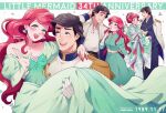 1boy 1girl aqua_eyes ariel_(disney) belt black_hair blue_eyes blush carrying collared_dress disney dress earrings epaulettes eric_(disney) green_dress green_kimono hair_bun hetero highres jacket japanese_clothes jewelry kimono long_dress long_hair mizala multiple_views open_clothes open_jacket pink_nails princess_carry red_lips redhead shell shell_earrings smile the_little_mermaid white_belt