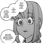  1girl blunt_bangs chainsaw_man commentary english_commentary english_text greyscale hello_kitty kurihachi long_hair looking_at_viewer makima_(chainsaw_man) meme monochrome open_mouth ringed_eyes sanrio simple_background solo speech_bubble teeth upper_body upper_teeth_only white_background 