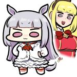  2girls :3 :d animal_ears blonde_hair blue_eyes blunt_bangs boots bow bowtie chibi closed_eyes cosplay costume_switch dress fingernails full_body gloves gold_ship_(umamusume) gold_ship_(umamusume)_(cosplay) hime_cut horse_ears horse_girl horse_tail jazz_jack lili_(tekken) lili_(tekken)_(cosplay) long_sleeves looking_at_viewer lowres multiple_girls open_mouth pillbox_hat purple_hair red_bow red_bowtie red_shirt shirt simple_background smile tail tekken tekken_6 umamusume violet_eyes white_background white_dress white_footwear white_gloves 