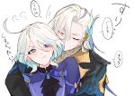 1boy 1girl ahoge ascot black_ascot blue_ascot blue_eyes blue_hair blue_jacket blush closed_eyes furina_(genshin_impact) genshin_impact gloves gokan_taiji grey_hair hair_between_eyes hetero heterochromia highres hug hug_from_behind jacket kiss light_blue_hair long_hair neuvillette_(genshin_impact) short_hair sidelocks simple_background smile upper_body white_background