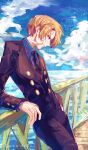  1boy against_railing artist_name black_pants black_suit blonde_hair blue_collar blue_eyes blue_sky cigarette clouds collar curly_eyebrows girikashi43 highres horizon male_focus mixed-language_commentary one_piece pants railing sanji_(one_piece) short_hair sky smile smoking solo suit teeth translation_request wooden_bridge 