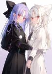  2girls black_bow black_capelet black_dress bow capelet commission dress expressionless hair_bow hakua_aa highres len_(tsukihime) long_hair long_sleeves looking_at_viewer multiple_girls pointy_ears pom_pom_(clothes) purple_hair red_eyes skeb_commission tsukihime white_bow white_capelet white_dress white_hair white_len_(tsukihime) 