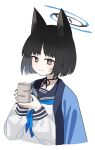  1girl animal_ear_fluff animal_ears black_eyes black_hair black_nails black_sailor_collar blue_archive blue_halo blue_neckerchief cat_ears closed_mouth cup eyeshadow fingernails halo haori highres holding holding_cup japanese_clothes kikyou_(blue_archive) long_sleeves looking_at_viewer makeup nail_polish neckerchief red_eyeshadow sailor_collar shiromoca short_hair simple_background solo upper_body white_background yunomi 
