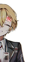  1boy bishounen blonde_hair closed_eyes highres id_card limbus_company male_focus mu46016419 necktie project_moon red_necktie short_hair simple_background sinclair_(project_moon) smile suit upper_body white_background 