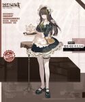  1girl apron bag brown_hair cup english_text girls_frontline green_hair handbag highres holding holding_cup holding_tray long_hair m4a1_(girls&#039;_frontline) maid maid_apron maid_headdress multicolored_hair official_alternate_costume official_art solo streaked_hair table teacup teapot tray 