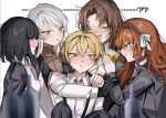 1boy 4girls black_hair blonde_hair blush brown_hair closed_eyes drunk gloves harem hetero highres ishmael_(project_moon) limbus_company mu46016419 multiple_girls orange_hair project_moon rodion_(project_moon) shirt simple_background sinclair_(project_moon) suspenders white_background white_hair white_shirt yellow_eyes