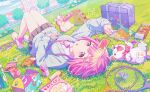 1girl blush building day dress food grass looking_at_viewer lying lying_on_grass official_art ootori_emu open_mouth pink_eyes pink_hair plush pocky project_sekai school_bag school_uniform short_hair snack solo stuffed_animal sunlight tennis_racket tree