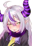  1girl :p ahoge ascot black_horns braid braided_bangs coat coat_dress collar demon_horns fang fang_out grey_hair highres hololive horns la+_darknesss la+_darknesss_(1st_costume) looking_at_viewer metal_collar multicolored_hair naimeow pointy_ears purple_coat purple_hair smile solo streaked_hair striped_horns tongue tongue_out virtual_youtuber yellow_ascot yellow_eyes 
