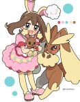  :d animal_ears artist_name black_sclera brown_eyes brown_fur brown_hair buneary colored_sclera commentary_request dot_nose dress grey_eyes highres holding holding_pokemon kokashiho lopunny may_(pokemon) medium_hair open_mouth pantyhose pink_dress pink_footwear pokemon pokemon_(creature) pokemon_(game) pokemon_oras rabbit rabbit_ears shoes smile solid_oval_eyes white_background yellow_pantyhose 