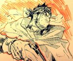  1boy beard close-up commentary facial_hair golden_kamuy gun headband holding holding_gun holding_weapon kotteri looking_to_the_side male_focus partially_colored profile rifle short_hair sideburns smoke tanigaki_genjirou weapon 