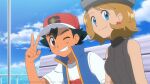  1boy 1girl ash_ketchum black_hair blonde_hair blue_eyes blue_vest brown_eyes closed_mouth clouds commission day earrings eyelashes grey_headwear grin hand_up hat jewelry mixed-language_commentary noelia_ponce outdoors pokemon pokemon_(anime) pokemon_journeys red_headwear serena_(pokemon) shirt short_hair short_sleeves sky smile split_mouth sweater_vest t-shirt teeth v vest white_shirt 