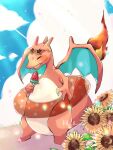  animal_focus artist_name blue_sky charizard closed_eyes clouds commentary_request dragon_wings fangs fire flower food hanabusaoekaki highres holding holding_food holding_popsicle no_humans open_mouth pokemon pokemon_(creature) popsicle sky sunflower tail wings 