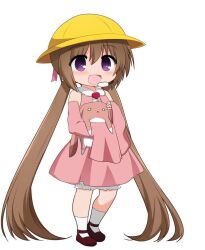  1girl bloomers brooch brown_hair child collared_dress dress hat headset heart heart_brooch jewelry kasukeomote kindergarten_uniform low_twintails non-web_source pink_dress pink_sleeves school_hat simple_background sleeves_past_fingers sleeves_past_wrists solo stuffed_animal stuffed_rabbit stuffed_toy tsukuyomi_ai twintails violet_eyes voiceroid white_background white_bloomers yellow_hat 