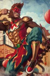  1boy animal_ears armor comic_cover commentary cover cover_page dc_comics english_commentary finger_in_own_ear furry furry_male green_pants highres holding holding_staff knee_up lantern mask monkey_boy monkey_ears monkey_prince_(dc) monkey_tail official_art pants paper_lantern red_mask shoes shoulder_armor signature sleeveless staff stanley_lau tail textless_cover_page textless_version toothpick 